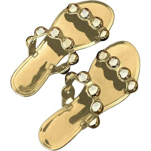 Womens Beaded Clear Flat Sandals Open Toe Dressy Slide Summer Shoes Trendy - Picture 6 of 6